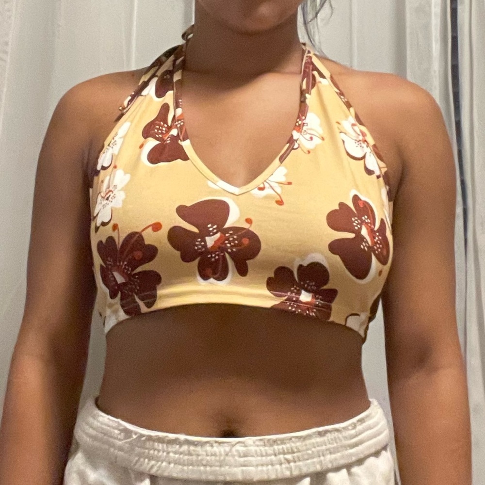 SHEIN Yellow Flower Tie Halter Crop Tank Top - Size S